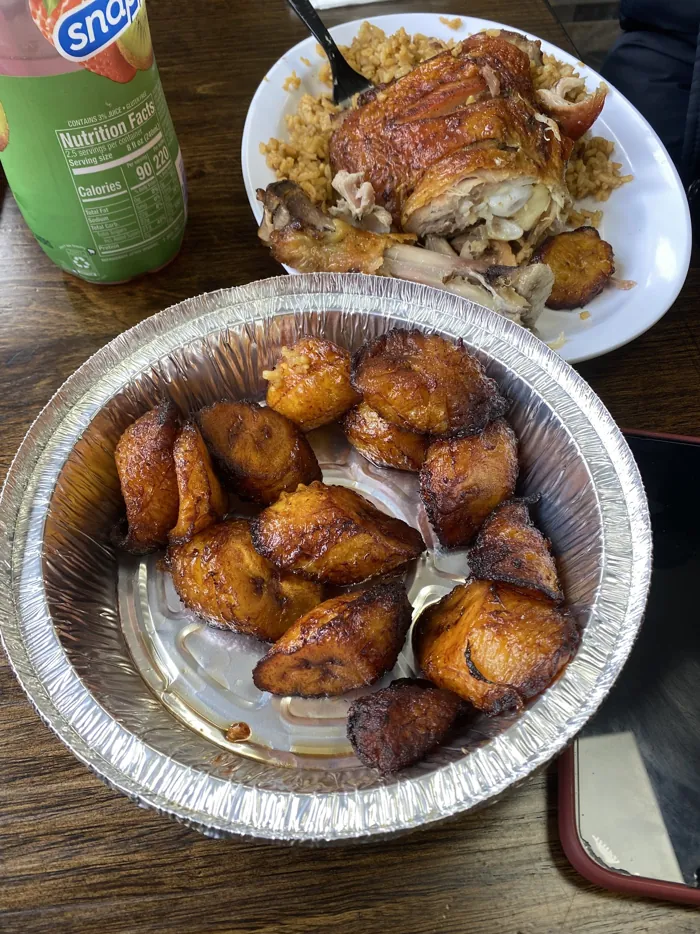 Sweet fried ripe plantains in a takeout tray
